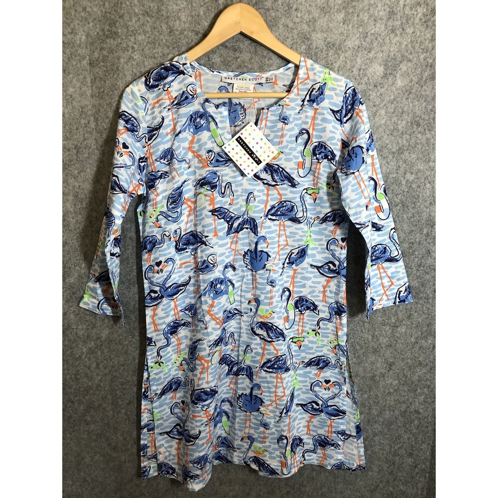 Gretchen Scott Dress Extra Small Blue Flamingo Tunic Beachy Coverup Lounge w Tag